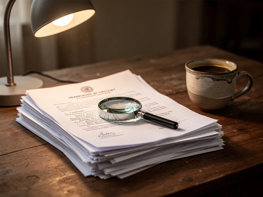 A stack of official documents with a magnifying glass resting on top, soft desk lamp illumination, warm earthy tones, a