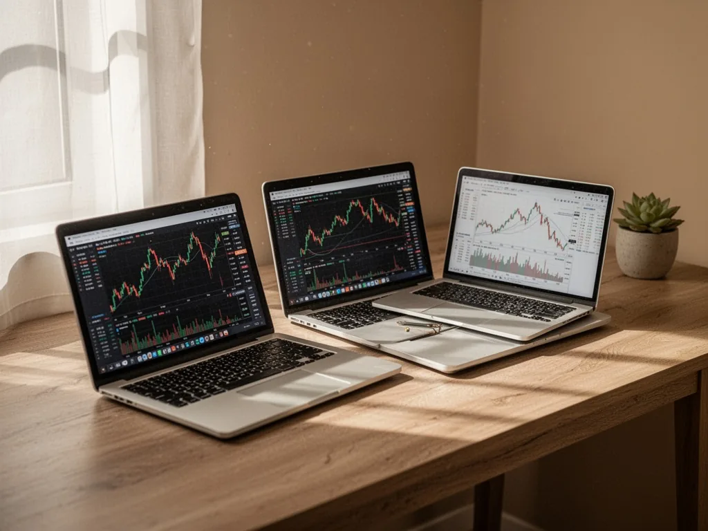 Three open laptops on a wooden desk with different screens showing financial charts, gentle sunlight through a window ca