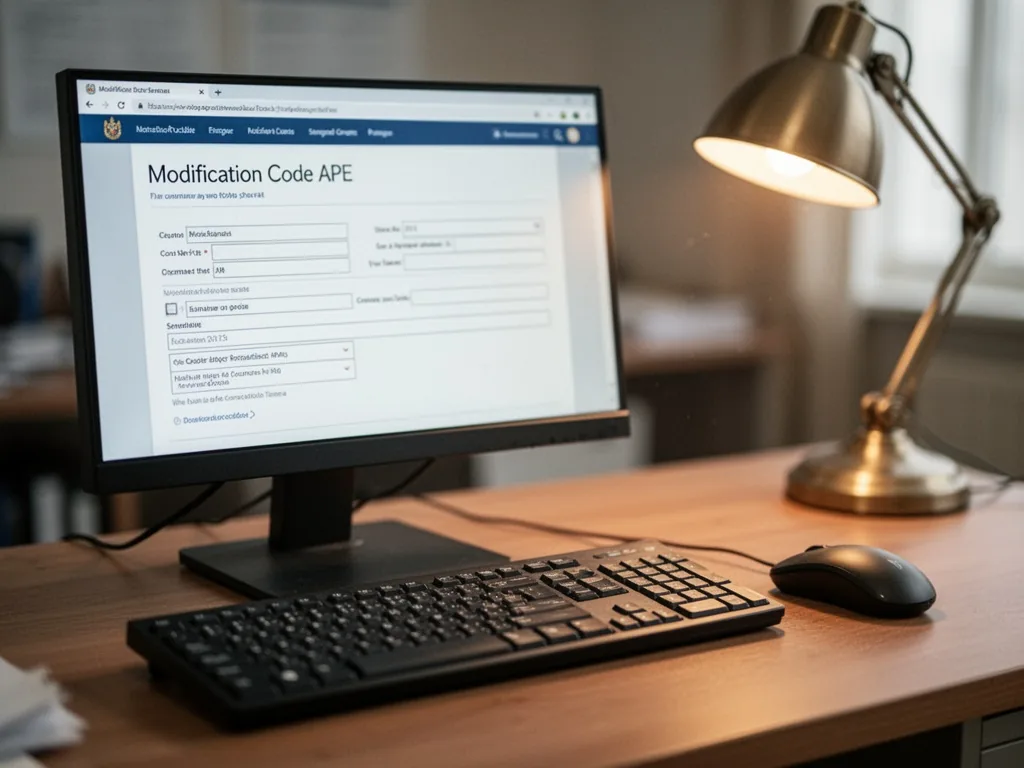 A computer keyboard with a mouse, a digital form open on screen showing 'Modification Code APE', blurred background, war
