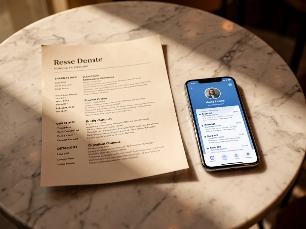 A paper resume and a smartphone displaying a digital resume side by side on a marble table, warm cafe lighting, soft sha