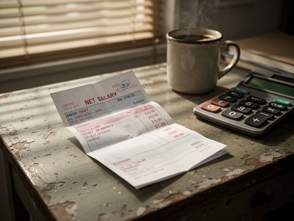 A folded pay slip showing net salary in red ink, lying on a worn teacher's desk with a coffee mug and calculator, aftern