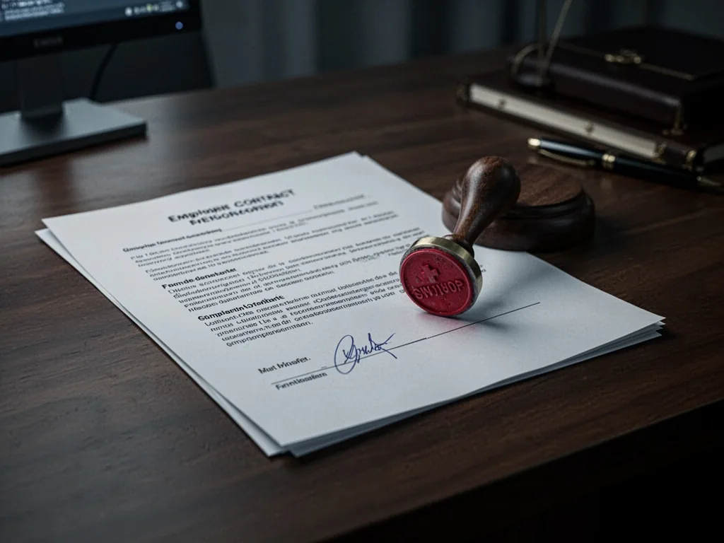 A lawyer's wooden desk with a Swiss employment contract and a red stamp partially covering the signature line, dim offic